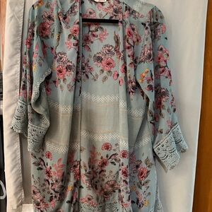 Rewind Floral Lace Trim Kimono - Blue, Pink, Purple